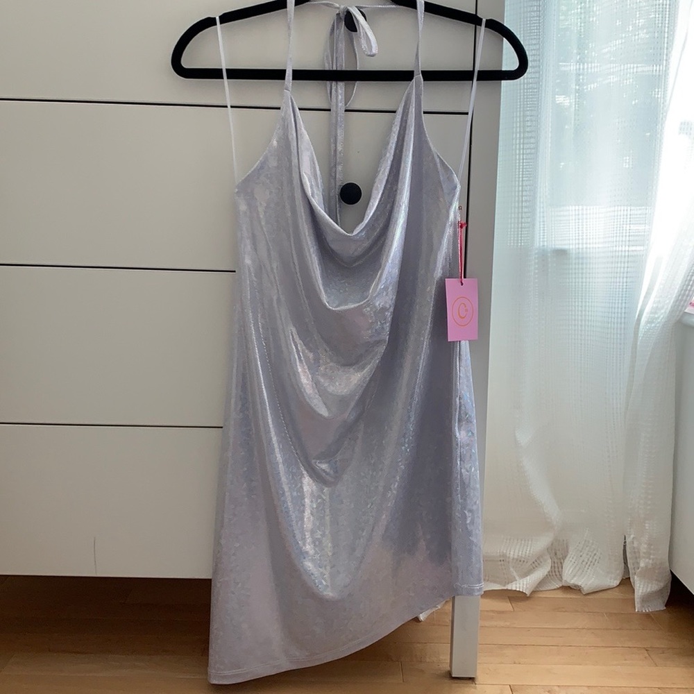 C98 The Paris Dress - Silver Halter Asymmetrical Cowl Neck Dress